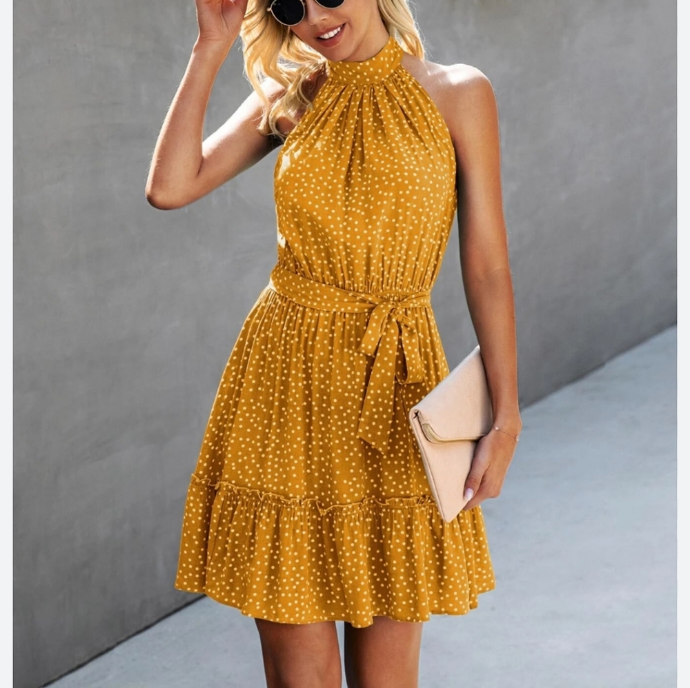 Yellow Polka Dot Halter Neck Ruffle Hem Summer Dress 💲BUNDLE AND SAVE BIG💲